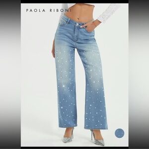 Paola Riboni High Waist Rhinestone Jeans Blue Size L